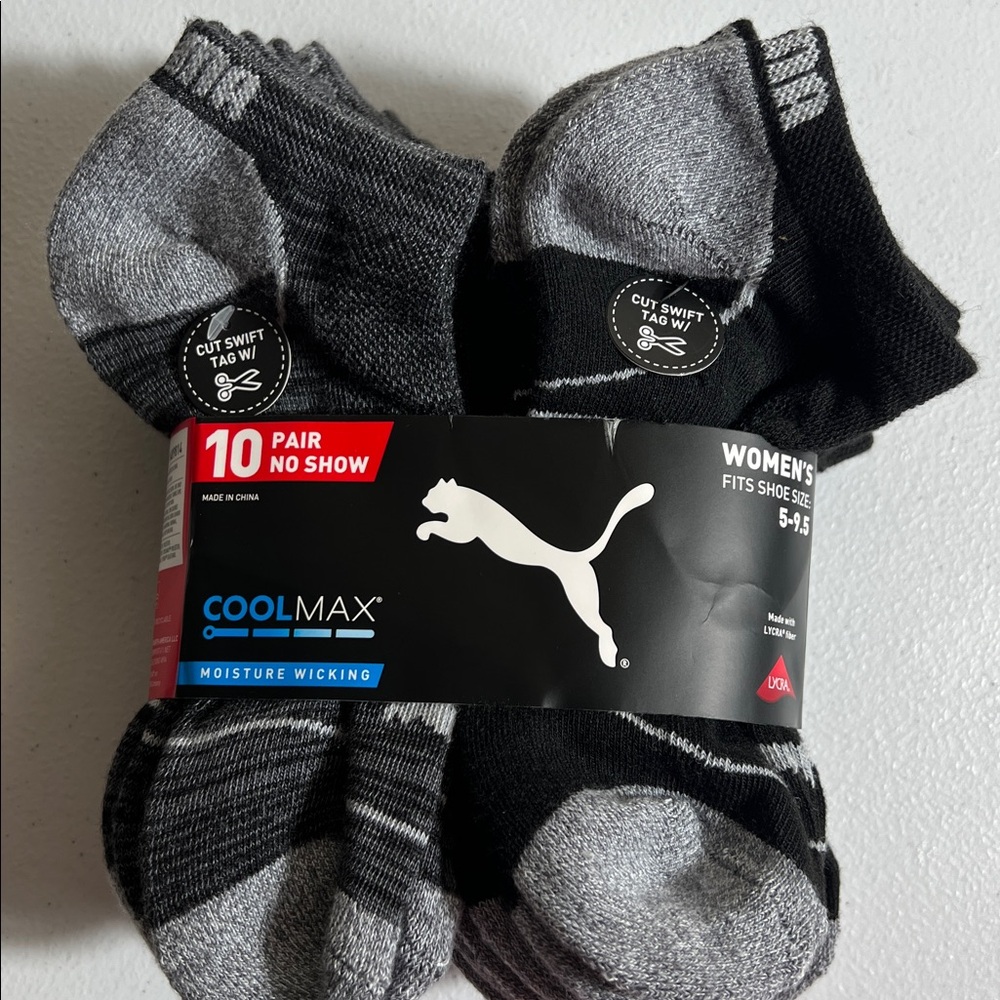 New 10 Pair Puma No Show‎ Sock Womens Shoe Size 5-9.5 Cool Max Moisture Wicking
